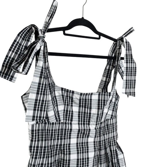 Anthropologie Black & White Plaid Square-Neck Tie-Strap Midi Dress Checkered M - Picture 3 of 11